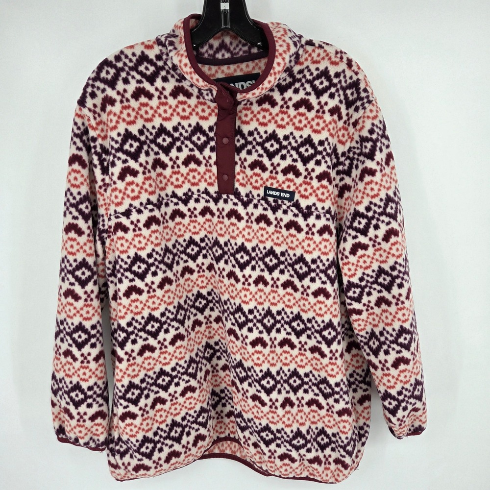 Lands End Women's 1X Fleece Fair Isle Snap Neck Pullover Sweatshirt - Picture 2 of 5